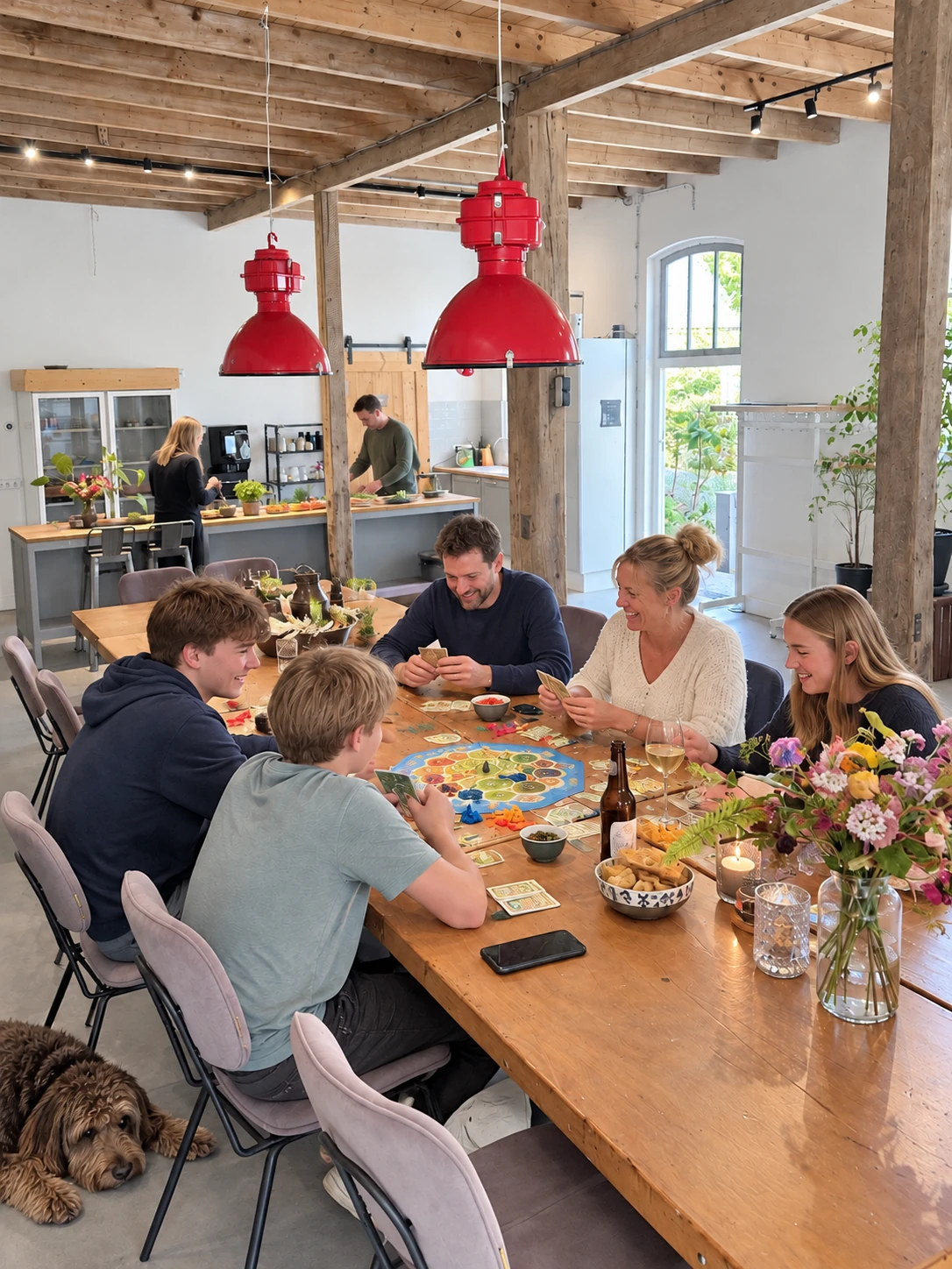 Samen een spelletje aan de lange tafel in de groepsruimte